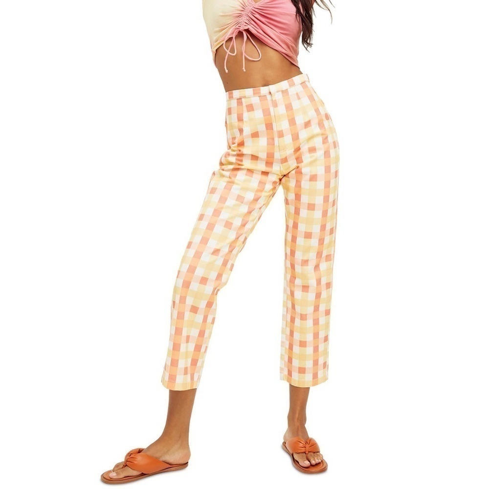 Free People She's All That Plaid Crop High Waist Pants Orange Yellow Sz 12 New